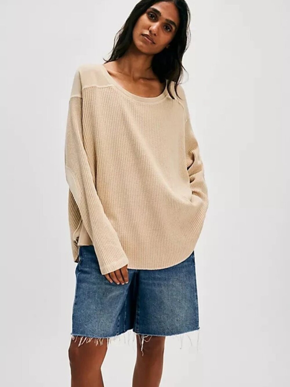 Free People FP One Blake Thermal Oversized Scoop Neck Long Sleeve Tunic Top L